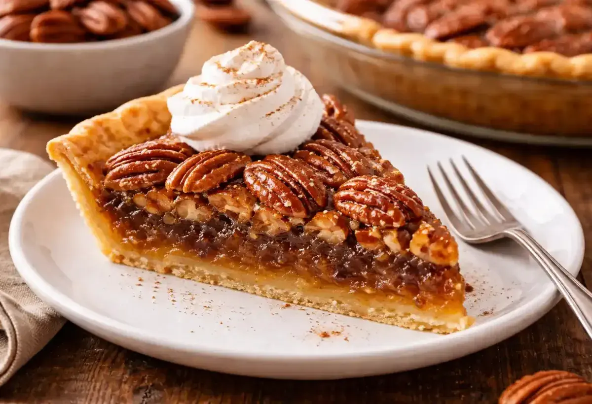 Traditional pecan pie slice with rich filling and crunchy pecans