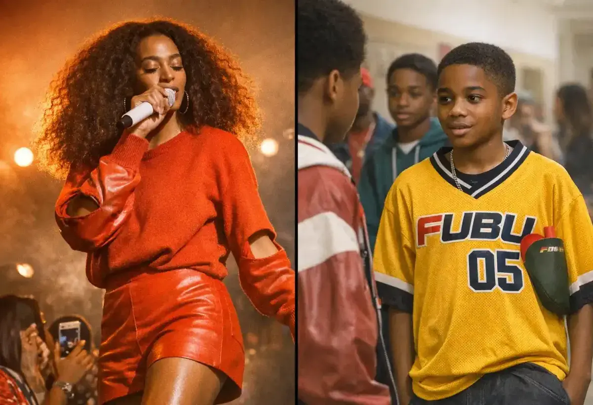Split image showing Solange performing and a scene from the TV show Atlanta featuring the yellow FUBU jersey.