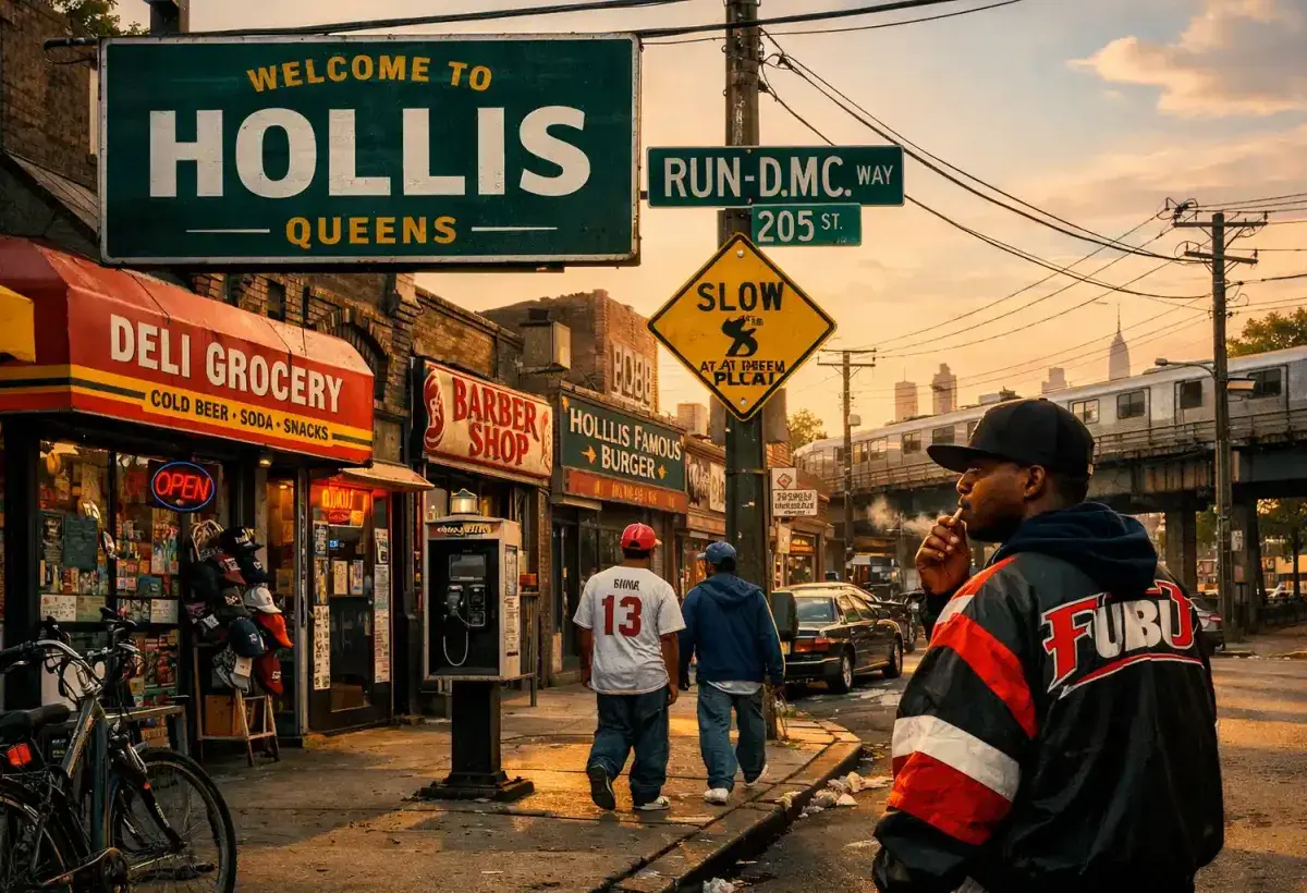 A street scene in Hollis, Queens, evoking the neighborhood where FUBU was founded and first sold in the early days