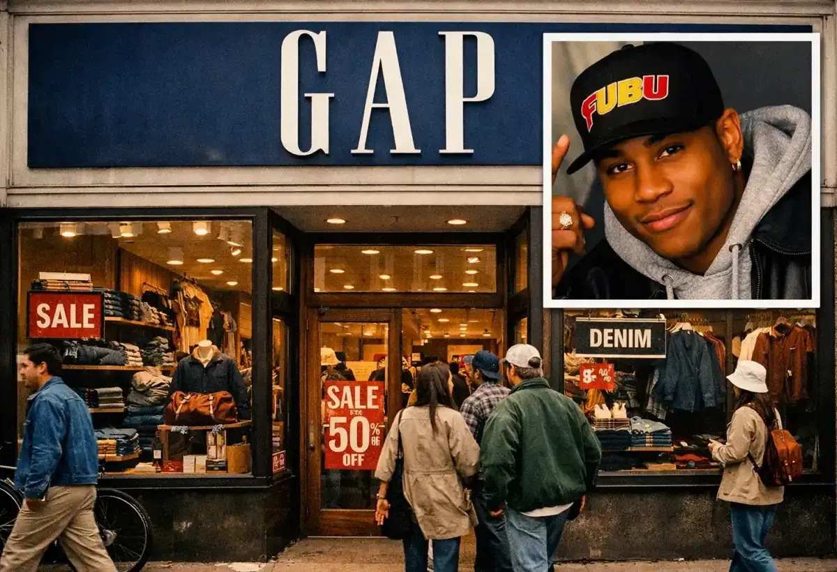 A 1990s Gap storefront with LL Cool J wearing a FUBU hat, representing the famous commercial controversy