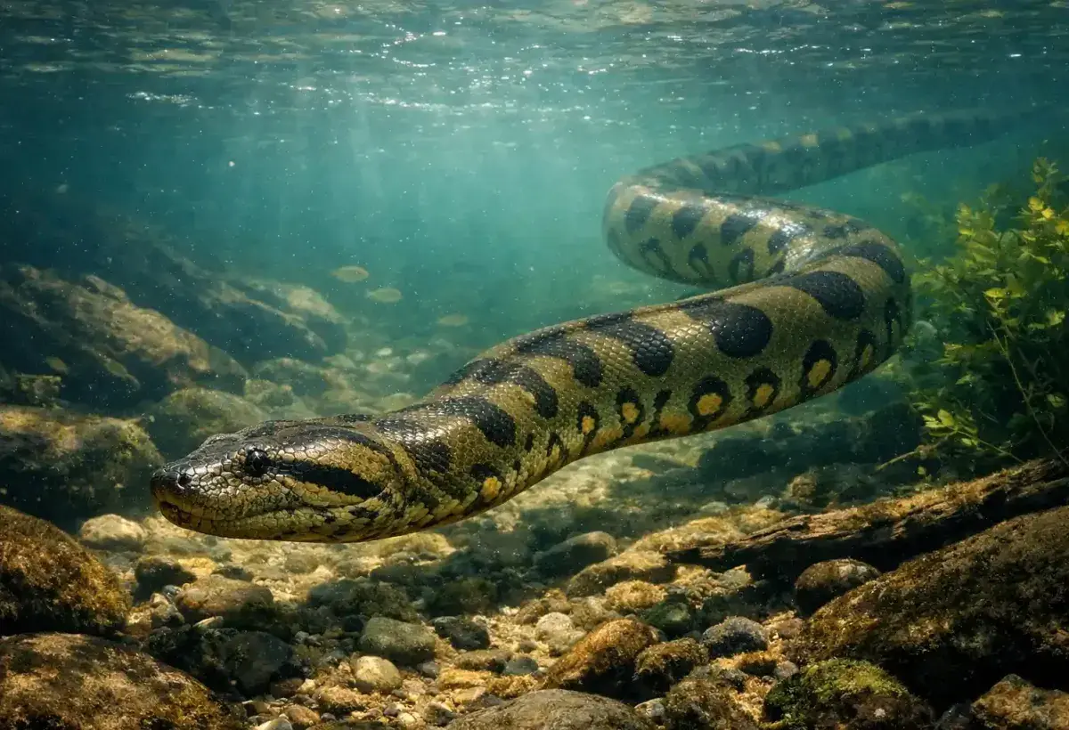  Anaconda swimming effortlessly beneath water surface