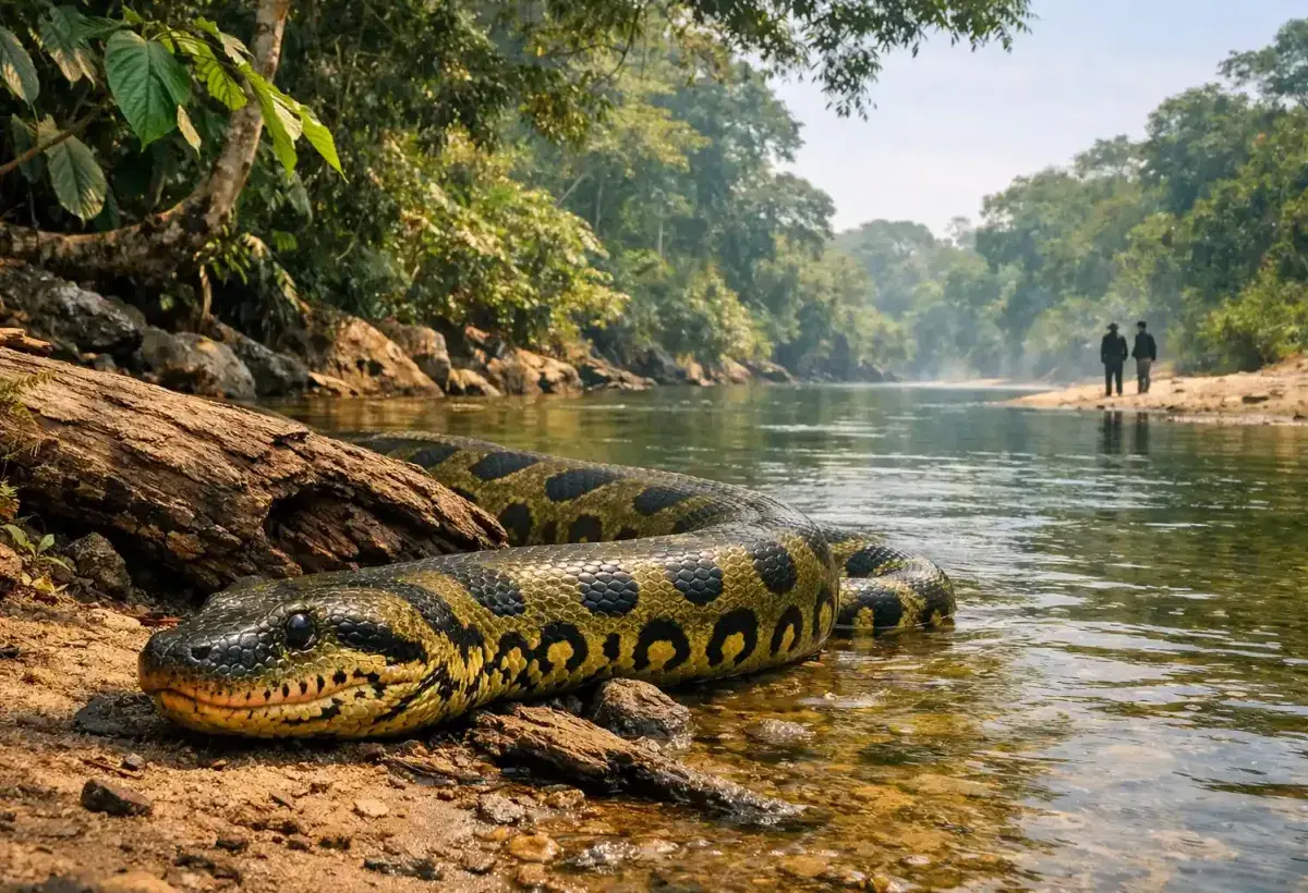 Wild anaconda resting peacefully away from people