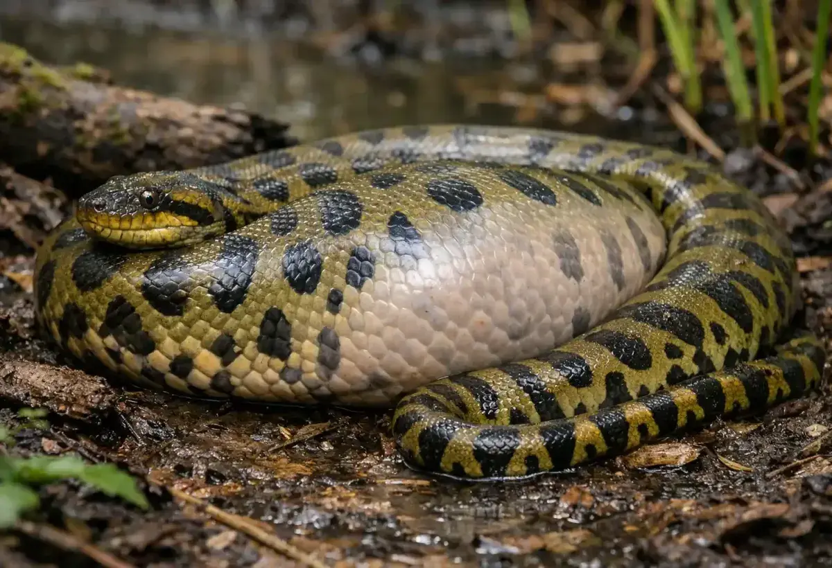 Anaconda digesting large prey with swollen midsection