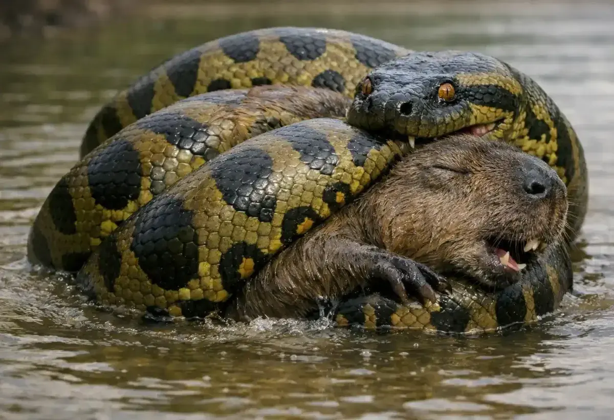 Powerful anaconda demonstrating constriction hunting technique