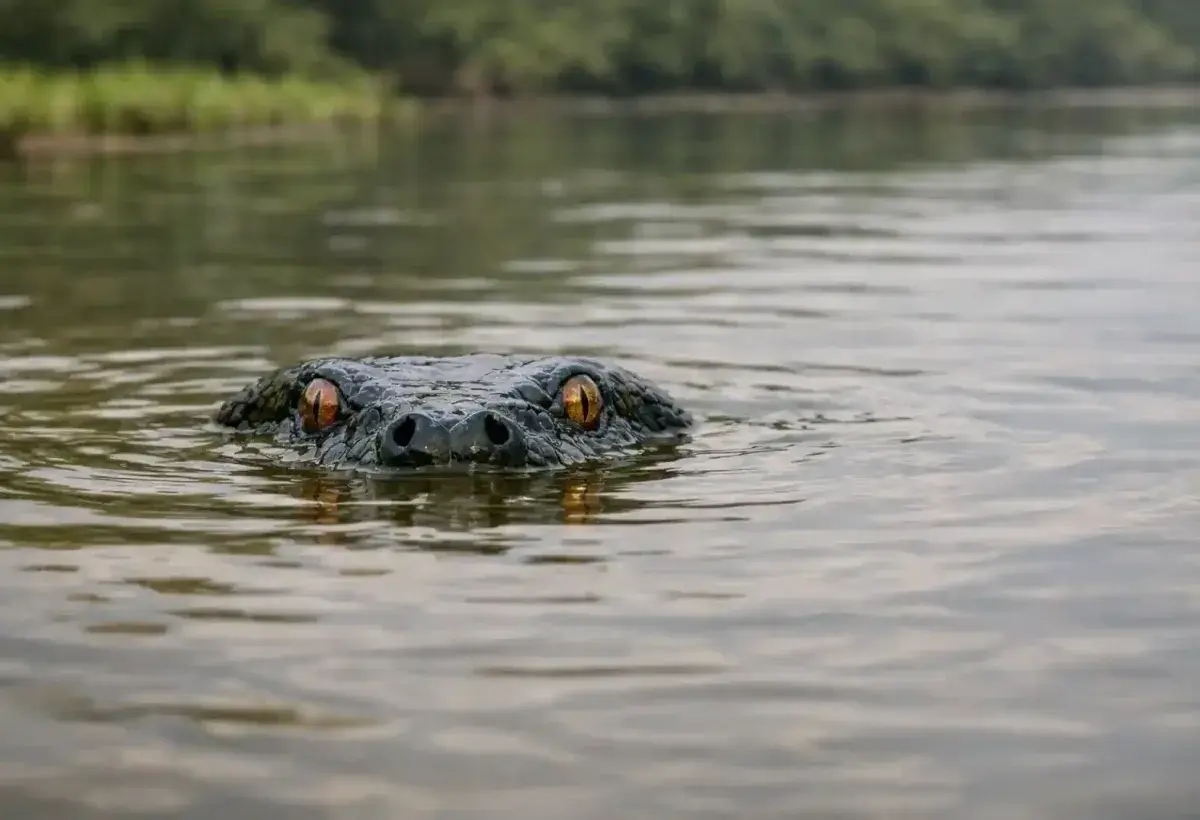 Camouflaged anaconda barely visible in river water