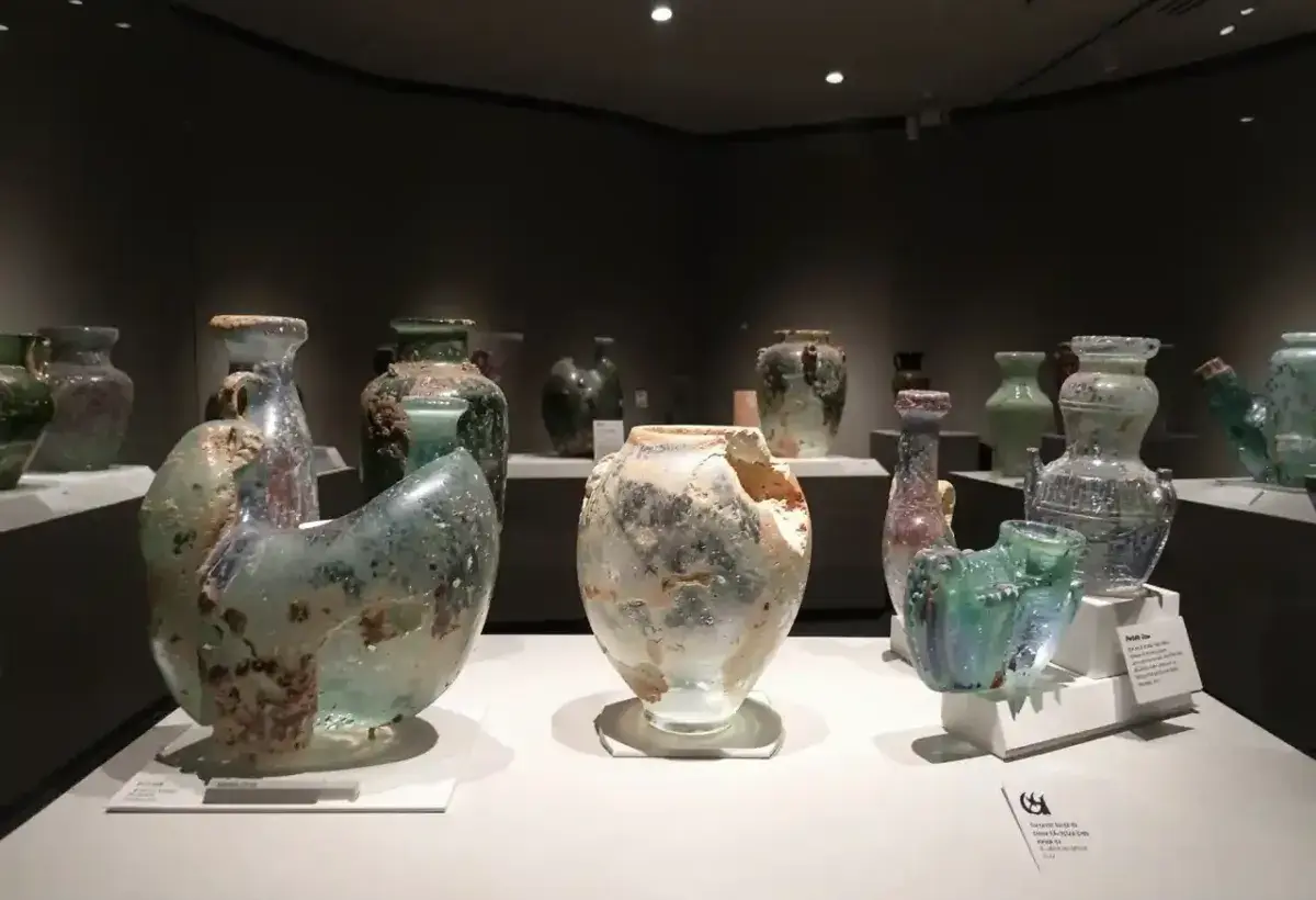 Ancient glass artifacts showing early glassmaking craftsmanship