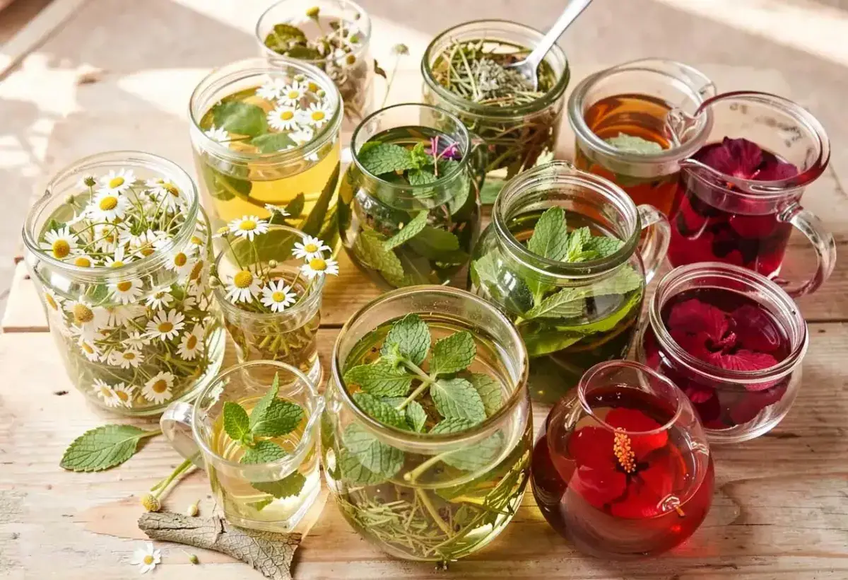 Assorted herbal infusions including chamomile peppermint and hibiscus