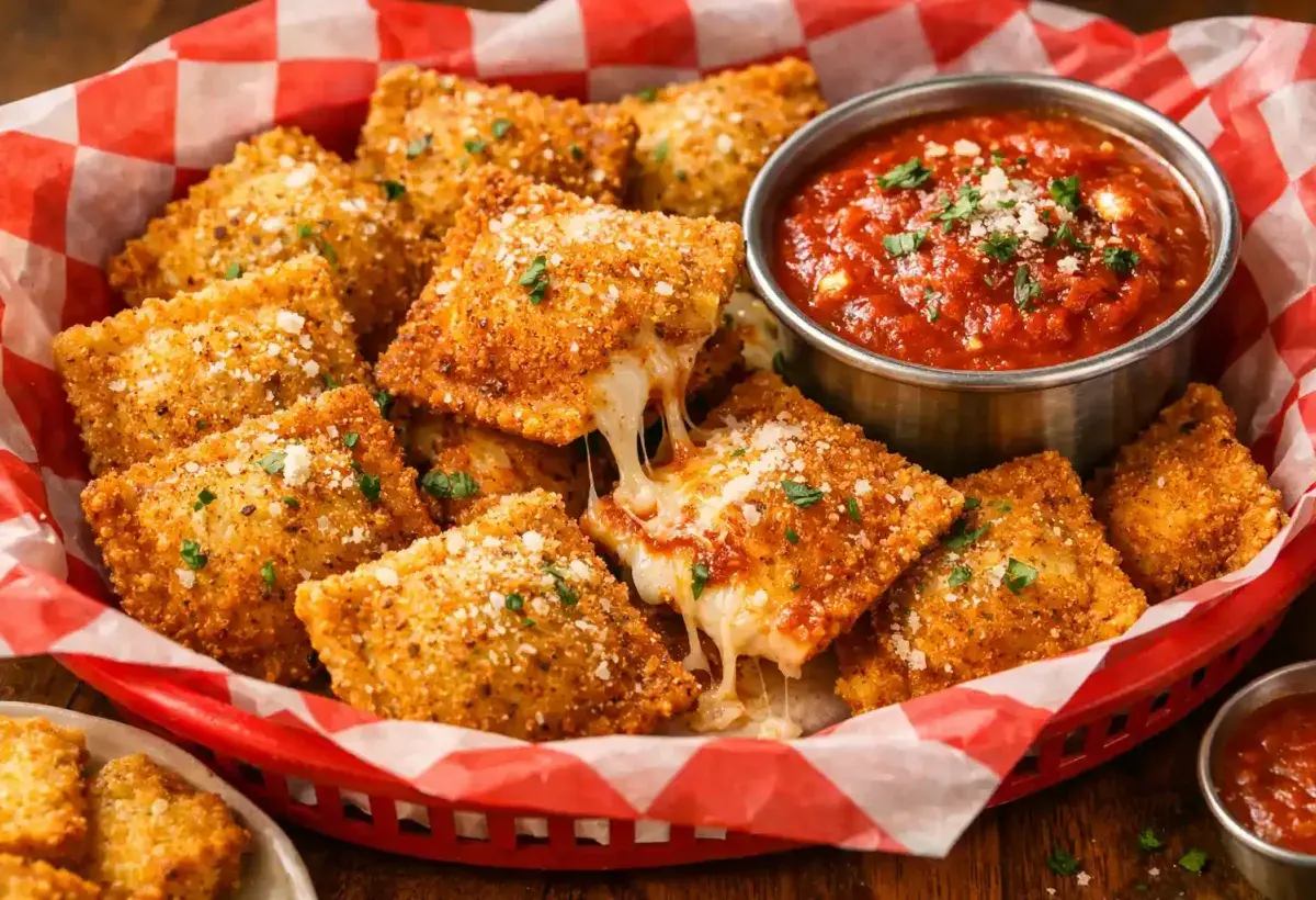 Crispy toasted ravioli served with dipping sauce