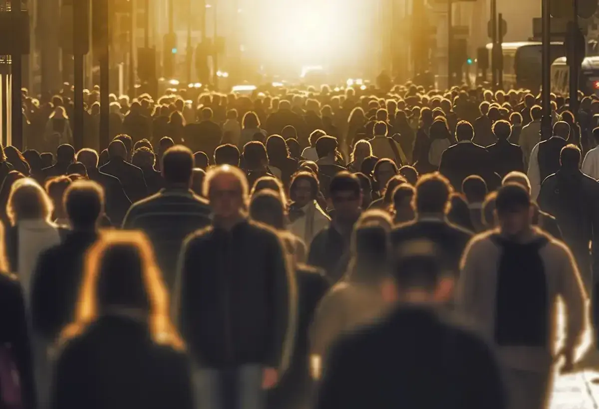 Crowded urban street showing fast-paced American life