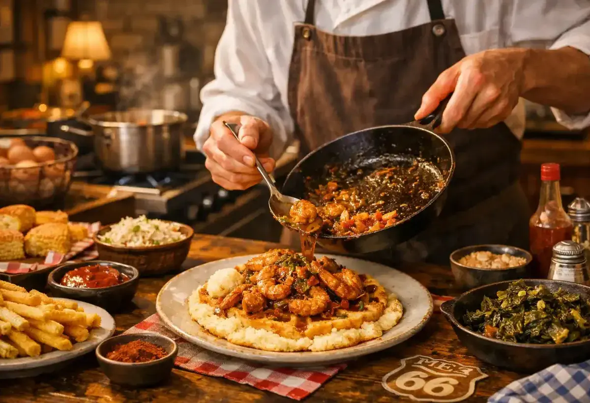 Chef preparing traditional regional American dish in a cozy kitchen