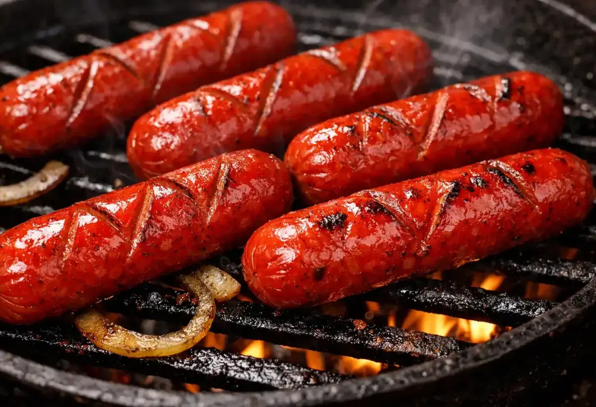 Bright red Filipino hot dogs cooking