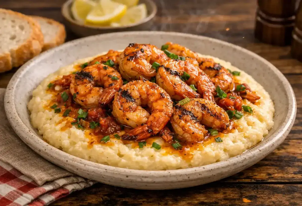 Gulf shrimp served over creamy grits with a rich sauce