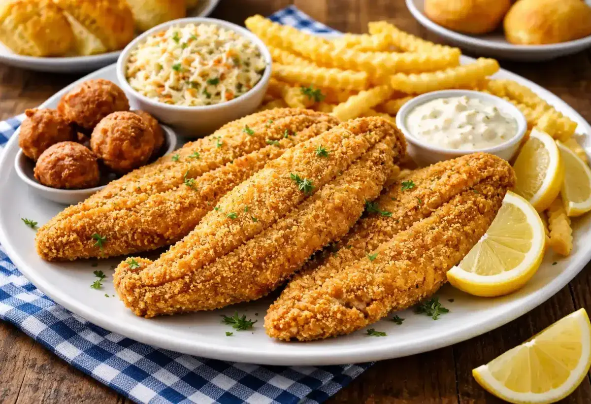 Golden fried catfish with a crunchy coating and side dishes