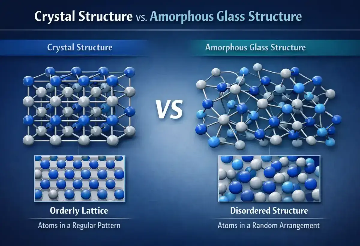 Diagram showing the difference between crystal lattice and amorphous glass structure