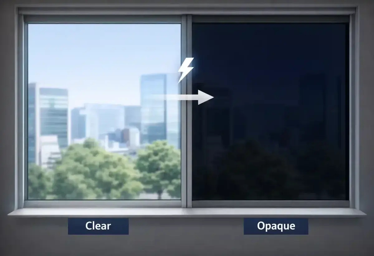 Electrochromic smart glass window changing transparency