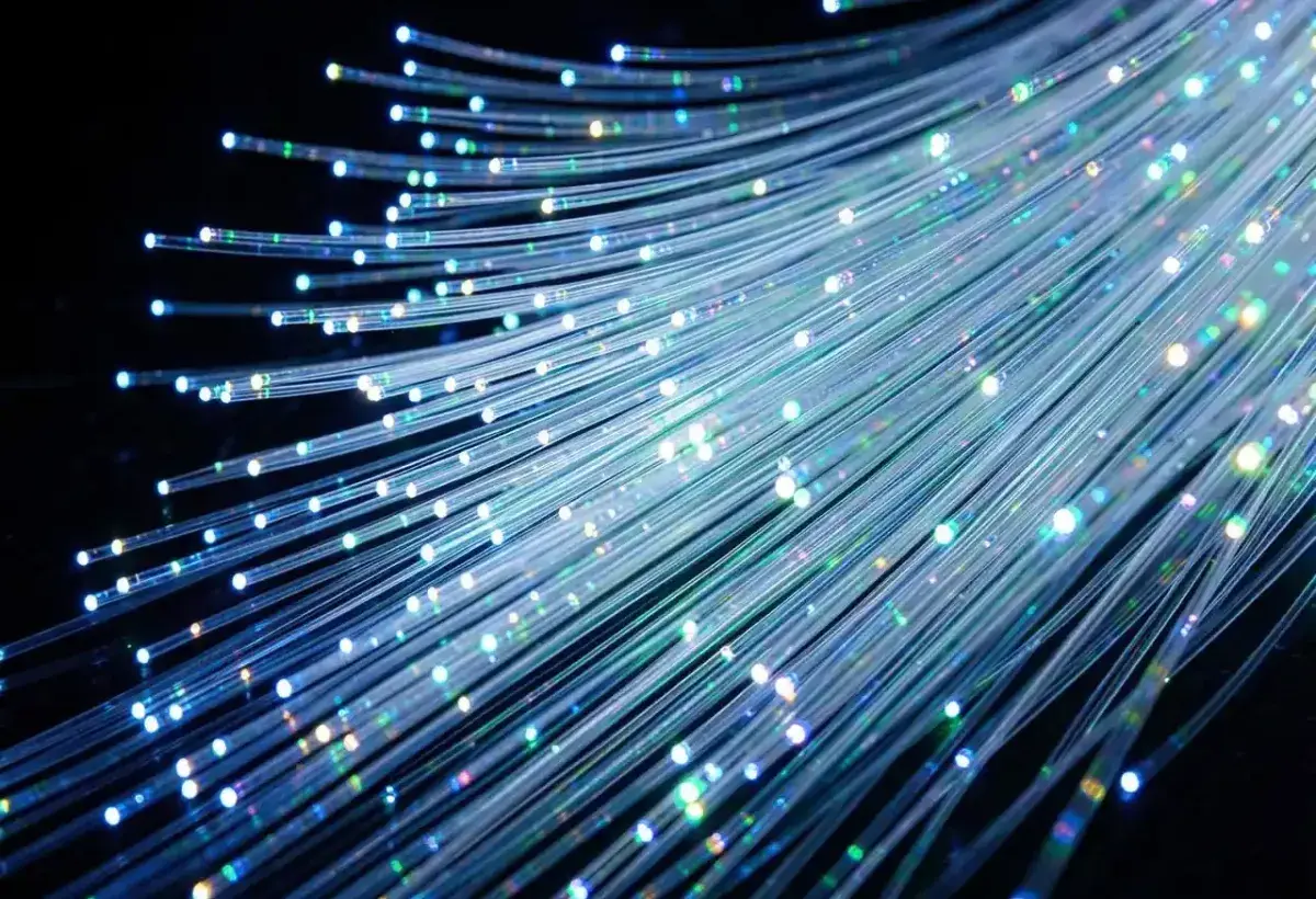 Fiber optic glass strands transmitting light signals for internet data