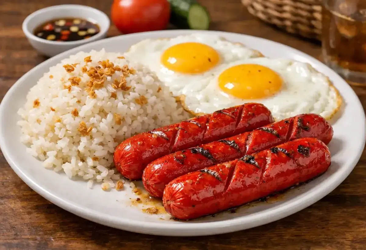 Filipino breakfast with red hot dogs and rice