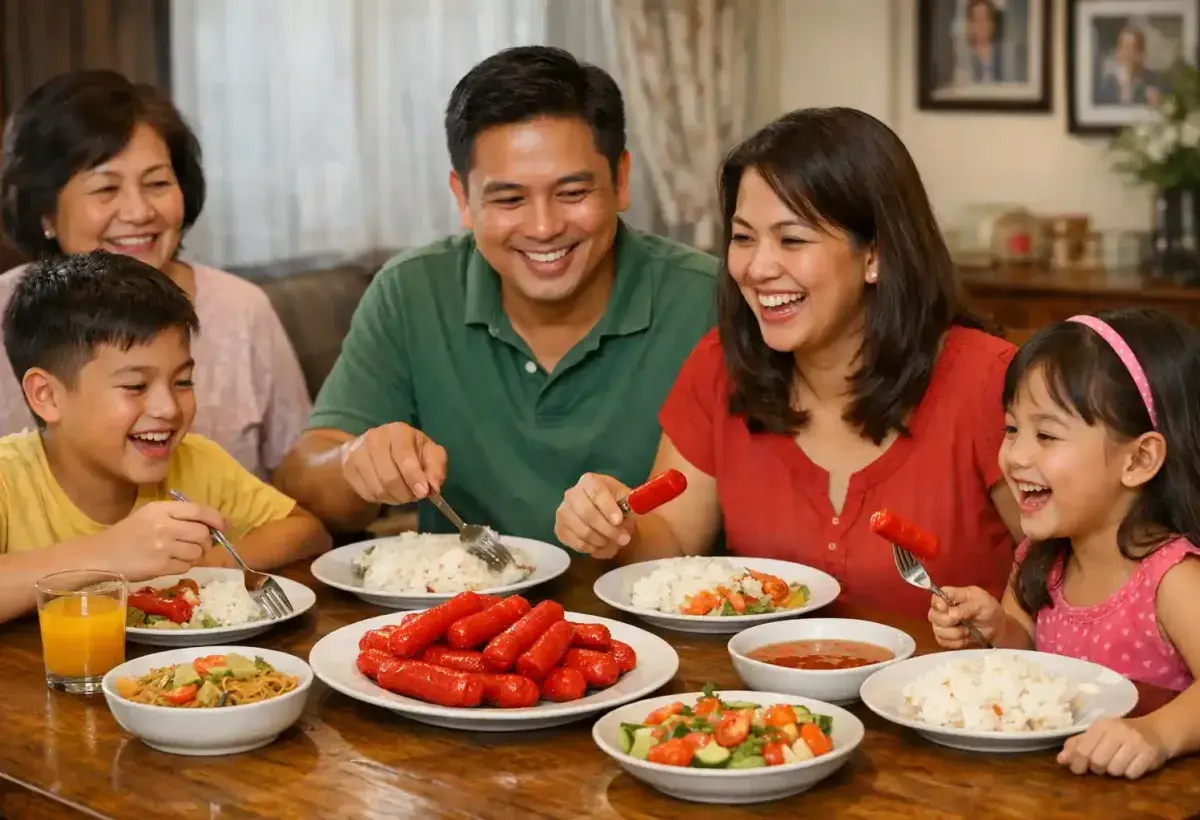 Filipino family enjoying meal with red hot dogs