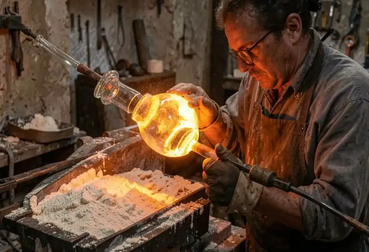 Glassblower shaping molten glass from melted silica sand