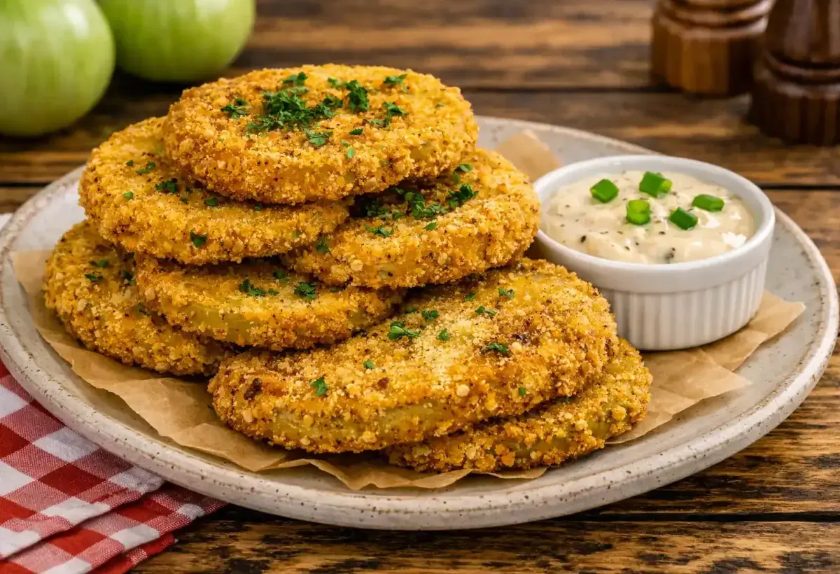 Crispy fried green tomatoes with a creamy dipping sauce
