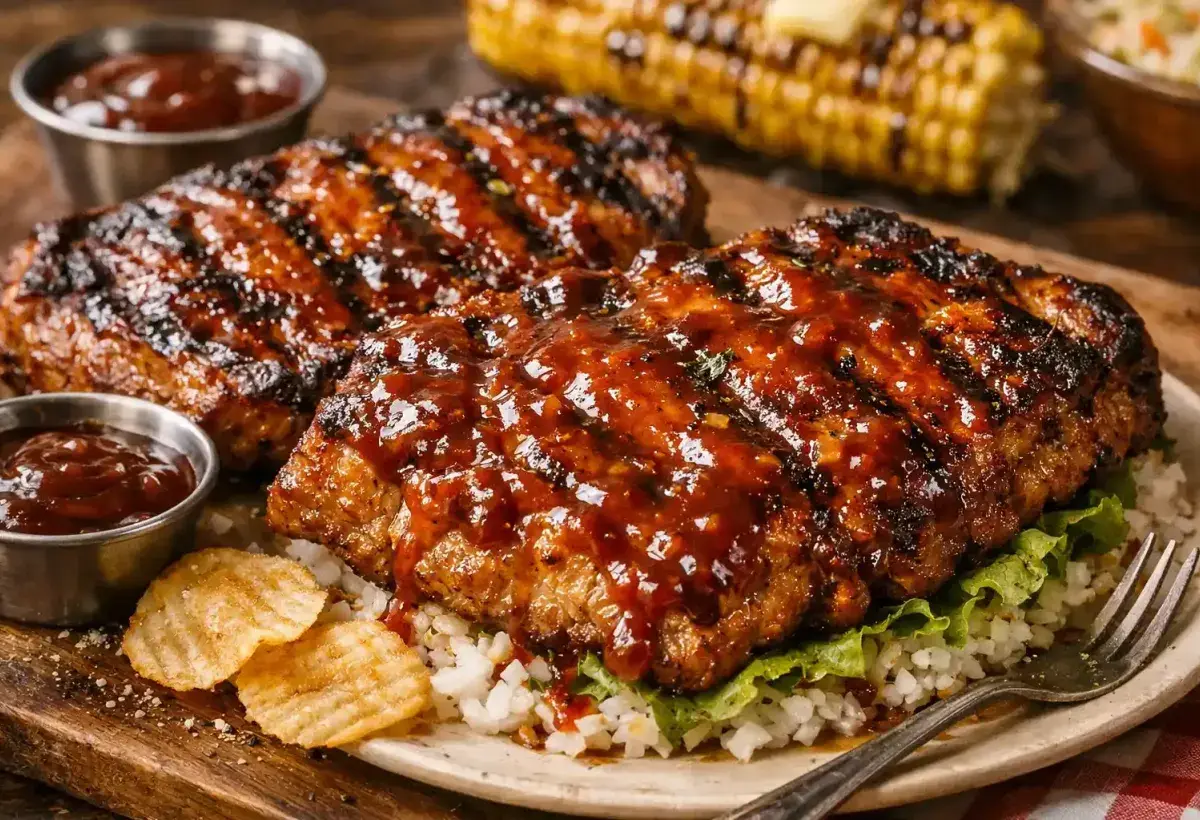 Pork steaks cooking on a grill with smoky flavor