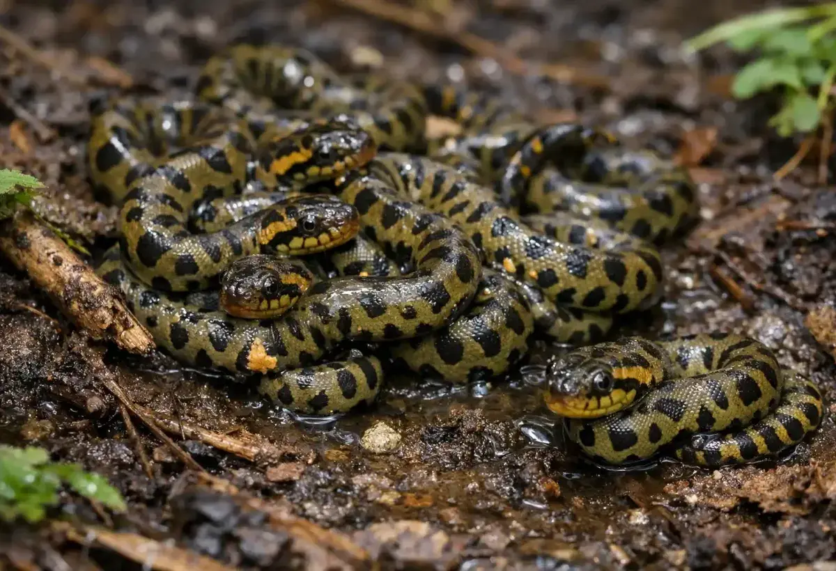 Newly born baby anacondas clustered together