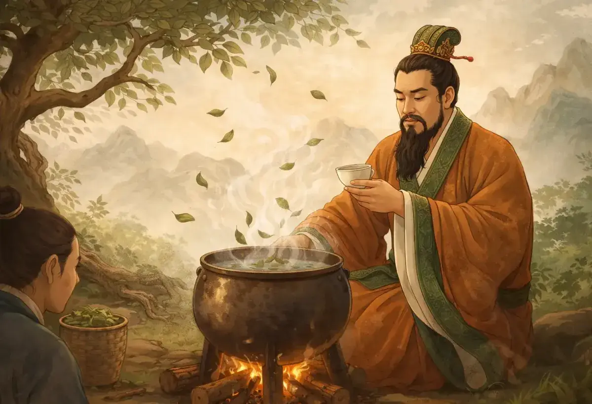 Illustration of Emperor Shen Nong discovering tea