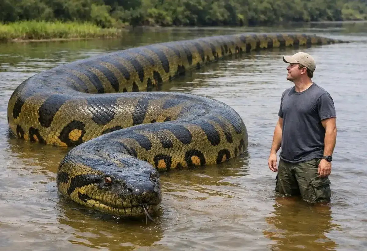 Giant anaconda showing extreme body thickness next to human