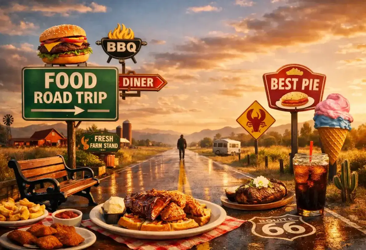 Open road in the United States representing a food travel journey