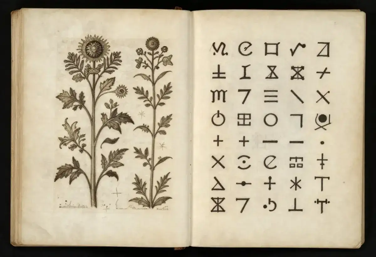 Voynich Manuscript illustration of unknown plants and cryptic text