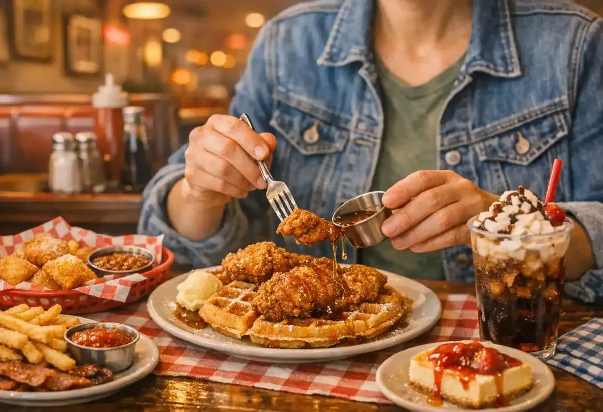 Person enjoying a local dish at a casual American restaurant