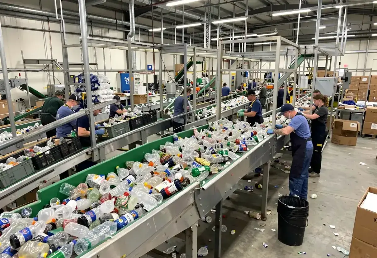 Workers Sorting Plastics at Recycling Plant