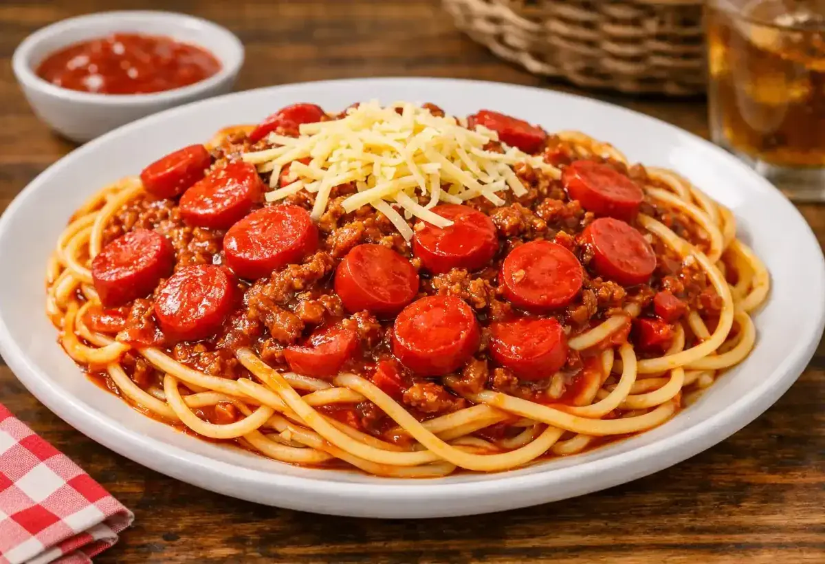 Filipino spaghetti with red hot dogs