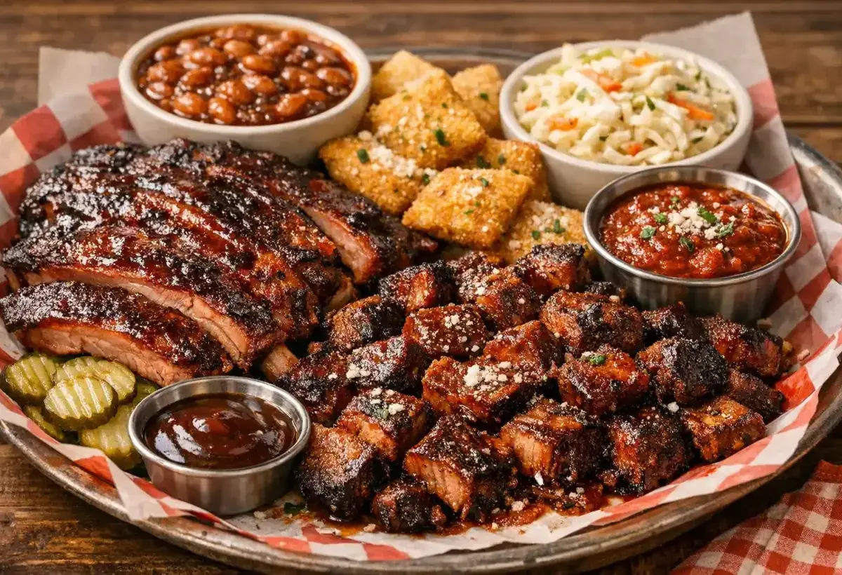 Kansas City barbecue platter with smoked meats and sauce