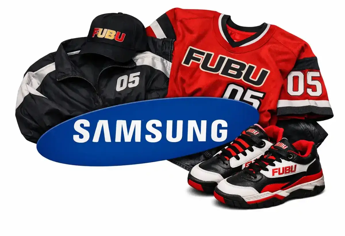 Samsung logo, early FUBU clothing samples on top of the logo