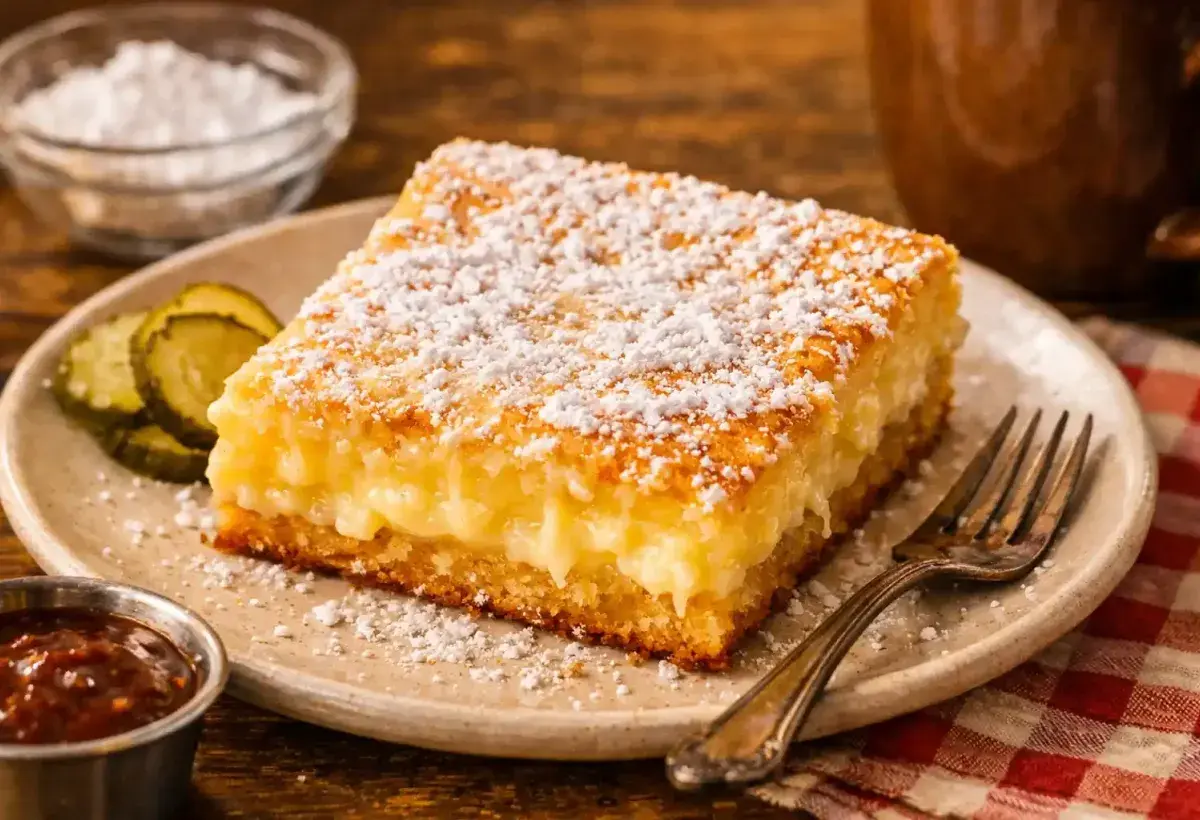 Gooey butter cake with soft texture and powdered sugar topping