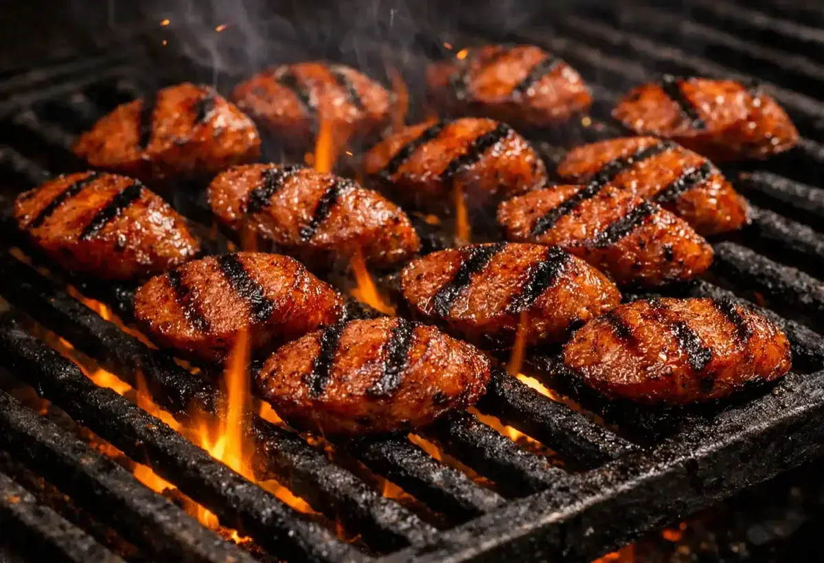 Conecuh sausage cooking on a grill with visible smoke and char