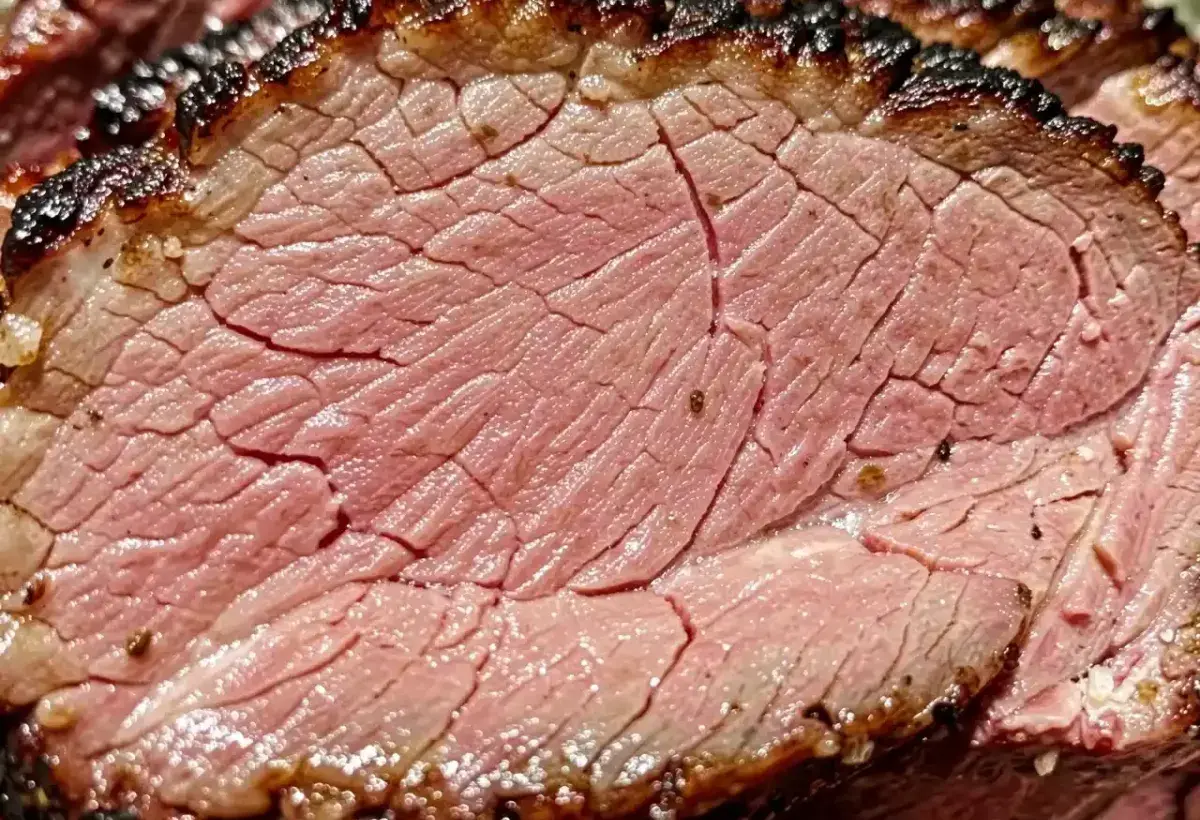 Sliced Texas brisket with visible smoke ring