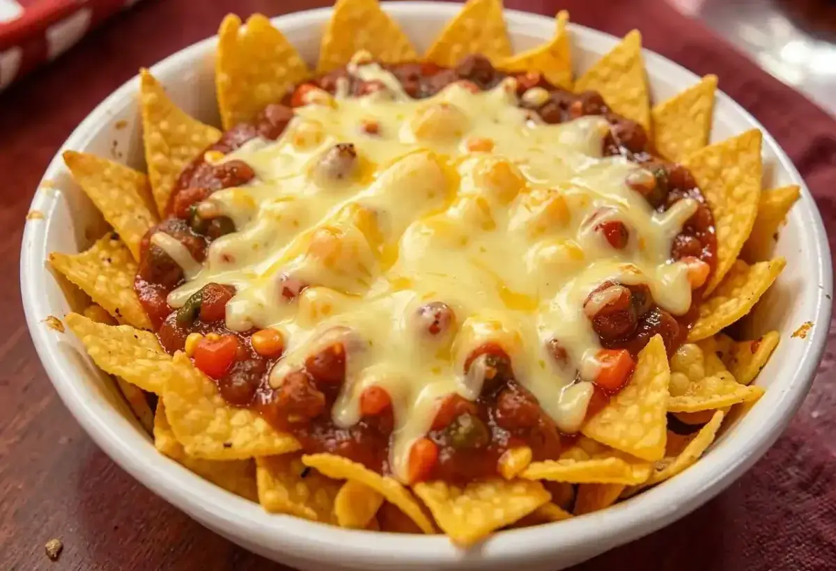 Texas Frito pie with corn chips chili and melted cheese