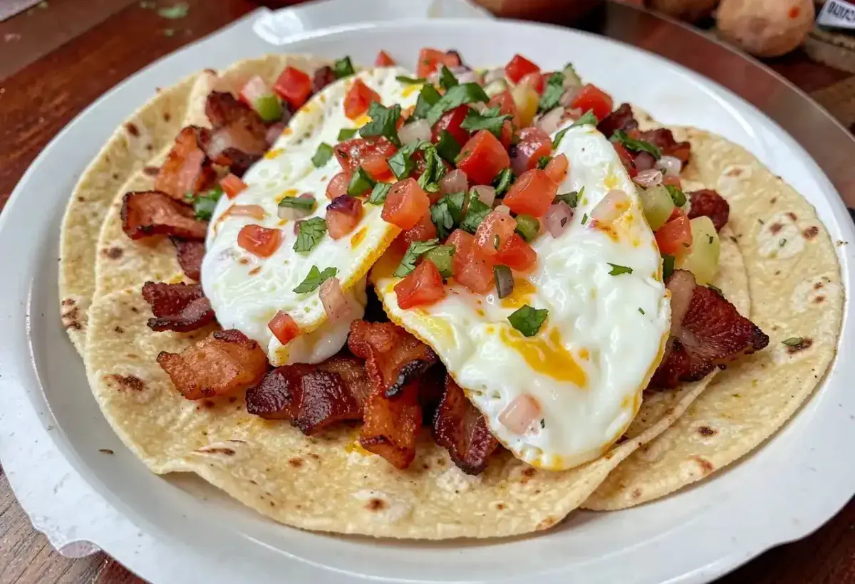 Texas breakfast tacos with eggs bacon and salsa