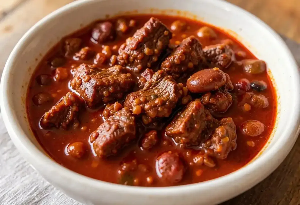 Texas chili con carne with rich red color and beef chunks