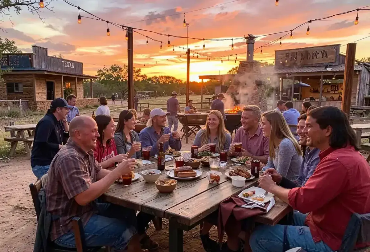 Texas outdoor dining with barbecue and friends at sunset