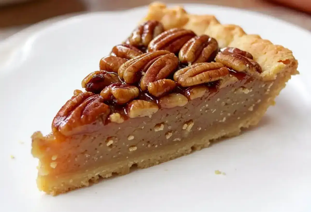 Texas pecan pie slice with glossy pecan topping