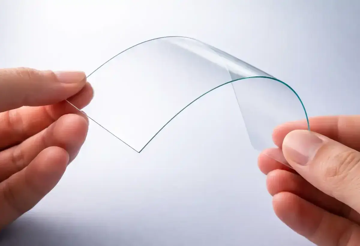 Ultra thin flexible glass sheet being gently bent by hands