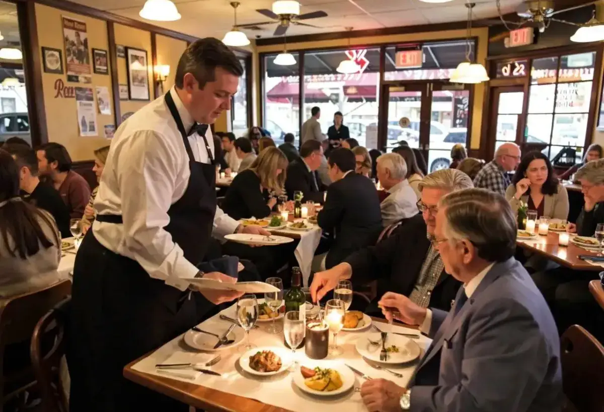 American waiter serving diners with a smile