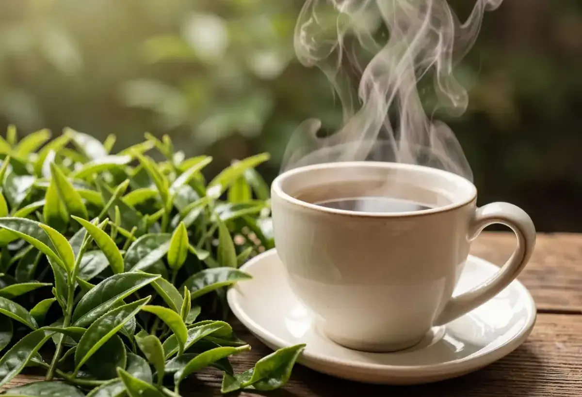 Fresh green tea leaves beside cup highlighting antioxidant benefits