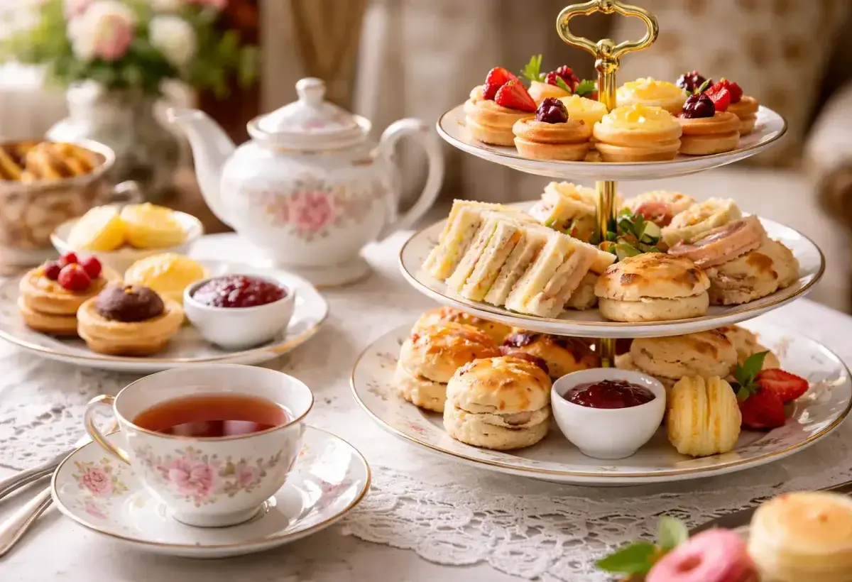 Elegant British afternoon tea with teapot cups and pastries