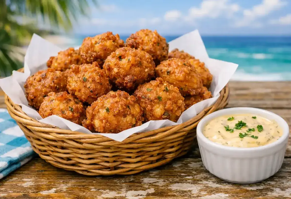Crispy conch fritters served hot with tangy dipping sauce