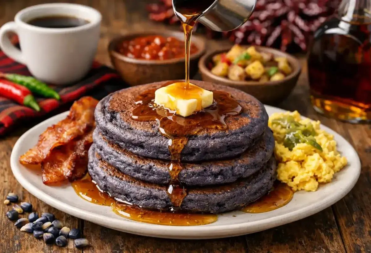 Blue corn pancakes New Mexico breakfast with syrup