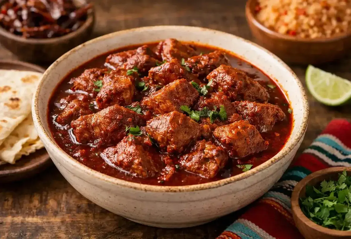 Carne adovada slow cooked pork in rich red chile sauce